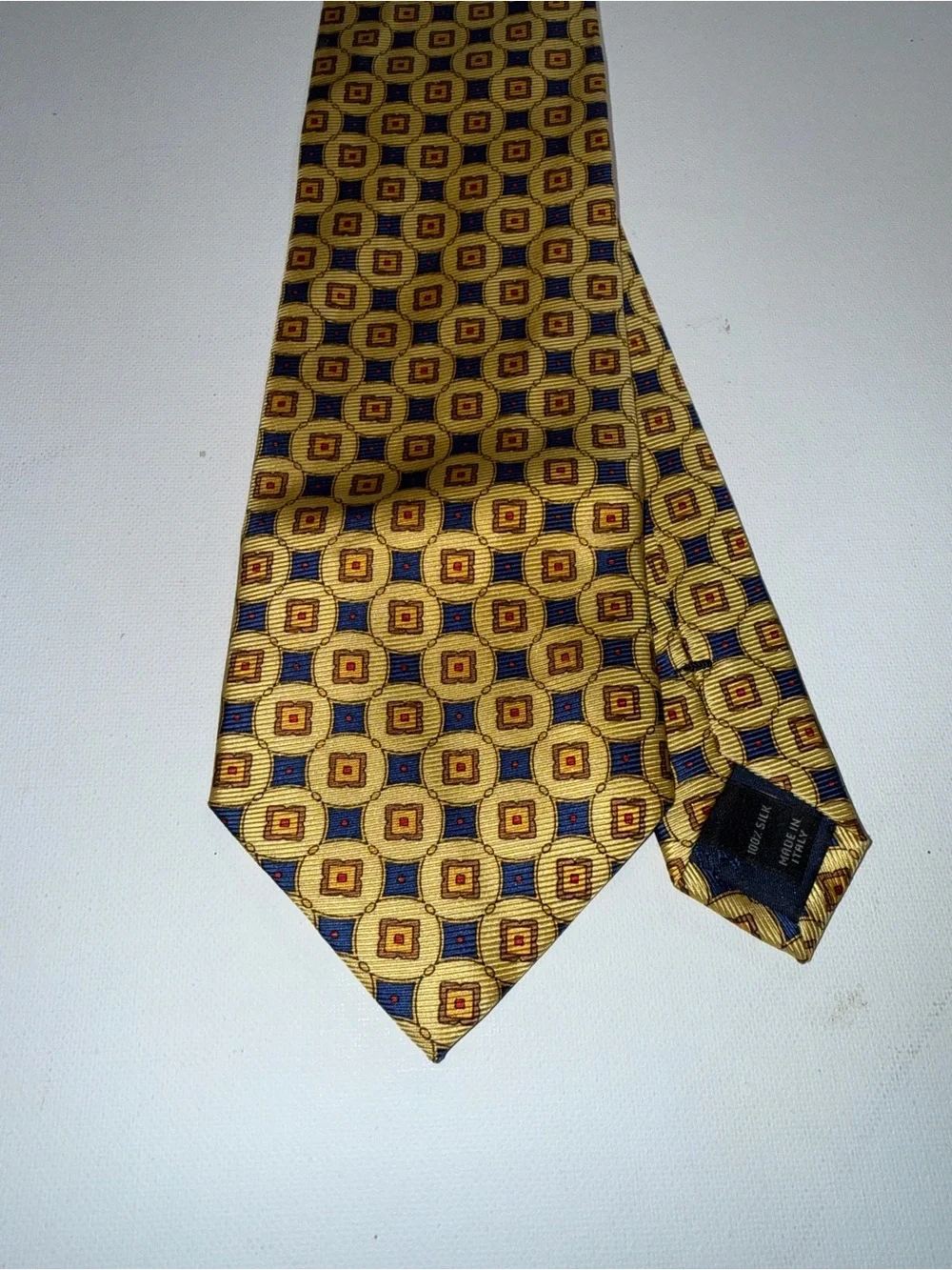 Jos. A. Bank Yellow Geometric Silk Tie with Blue and Brown Accents
